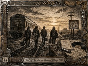 Four weathered musicians walk along railroad tracks toward a glowing sunset, passing an old railcar in a rugged desert landscape. Deep charcoal textures and sepia highlights create a nostalgic, resilient mood. An ornate music-themed frame surrounds the scene with guitar strings, Route 66 details, records, maps, and an engraved title plate.
