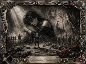 A sorrowful young woman sits curled beneath a dim spotlight while toy soldiers stand, fall, and scatter across a ruined dreamlike battlefield. Deep charcoal textures, smoky grays, muted crimson accents, and soft theatrical haze create a haunting mood. An ornate chrome-and-gold musical frame surrounds the scene, with vinyl, piano, microphone, and cassette details.