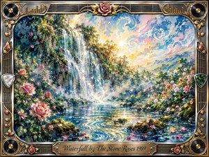 A luminous waterfall cascades through a lush, rose-filled landscape beneath a radiant pastel sky, creating a dreamy, romantic atmosphere. Loose watercolor-style textures blend turquoise, blue, green, pink, and gold. Sunlight glows across rippling water, while an ornate chrome-and-gold musical frame features roses, speakers, strings, and an engraved title plate.