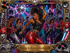 A vibrant acrylic-painted nightclub pulses with late-1980s energy as a confident dancer commands the center of a crowded floor. Neon magenta, cyan, red, purple, and gold blaze beneath disco lights and mirrored reflections. Speakers, turntables, equalizer bars, vinyl records, and ornate chrome-gold framing amplify the celebratory, rhythmic atmosphere.