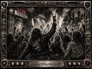 A rebellious rock crowd surges toward a smoky urban stage, raising hands beneath harsh spotlights, sparks, and towering amplifiers. Deep charcoal textures, blackened shadows, and restrained red accents create a gritty 1980s atmosphere. An ornate chrome-and-gold frame, detailed with chains, guitar hardware, skulls, and amplifier controls, completes the dramatic composition.