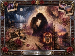 A nostalgic rock-romance collage centers on a silhouetted couple embracing amid fading memories of concerts, Polaroids, roses, handwritten letters, a glowing jukebox, and rain-slick streets. Warm amber, rose, violet, and deep blue tones blend through painterly oil, acrylic, and watercolor textures, framed by ornate rosewood, chrome, gold, guitar strings, and picks.