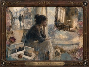 A solitary woman sits beside a rain-softened window, surrounded by fading scenes of streets, an empty sunlit room, shoreline memories, old photographs, handwritten letters, and dried roses. Muted blues, sepia browns, and warm gold light create wistful melancholy, rendered in richly textured impressionistic paint within an ornate rosewood-and-gold musical frame.