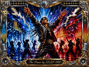 A commanding performer raises a microphone amid an explosive dance-floor scene of towering speakers, dancers, lightning, and pulsing equalizer bars. Electric blues, fiery reds, gold, chrome, and black create intense contrast under dramatic stage lighting. Bold acrylic textures and energetic brushwork fill the composition, framed by ornate musical hardware and a gold title plate.