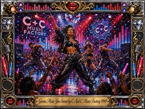 A commanding dancer leads a feverish 1990s nightclub celebration, surrounded by energetic performers, cheering crowds, speakers, confetti, and glowing equalizer bars. Vivid reds, magentas, blues, and chrome shimmer beneath dramatic stage lighting. Expressive acrylic textures amplify the movement, while an ornate gold-and-chrome musical frame and engraved title plate complete the exuberant composition.