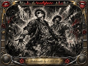 A dynamic charcoal dance-rock scene shows two swaggering figures amid speakers, smoky stage haze, pulsing sound waves, and fractured urban lights. Deep blacks, silvery grays, and sharp red accents create a rebellious, electric mood. An ornate chrome-and-gold musical frame surrounds the artwork, finished with the engraved Unbelievable by EMF 1990 title plate.