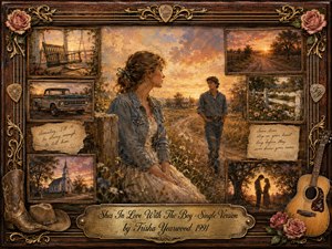 A warm country romance unfolds at sunset, with a young woman gazing toward a boy along a flower-lined rural path. Vintage framed memories surround the central oil-painted scene, including a church, pickup truck, porch swing, and embracing couple. Rich amber, rose, and brown tones glow within an ornate guitar-string-and-rose frame.