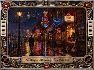 A solitary figure walks along a rain-slicked Memphis street glowing with blue, red, and amber neon, evoking blues, gospel, and rock-and-roll history. Rich oil-paint textures, shimmering reflections, music clubs, a piano, guitar, and river lights create a nostalgic, soulful mood, framed by ornate chrome-and-gold musical decorations.