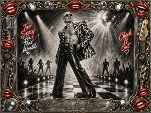 A confident male model dominates a glamorous nightclub runway, posing beneath dramatic spotlights and a sparkling disco ball. Deep charcoal textures, glossy blacks, silver highlights, vivid red lips, and ornate gold accents create a playful, theatrical mood. An elaborate music-themed frame surrounds the scene, finished with an engraved title plate.