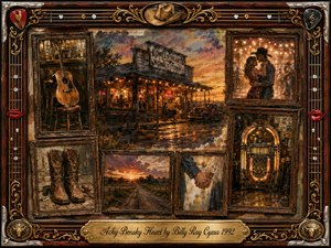 A nostalgic country-western collage centers on a glowing roadside honky-tonk at sunset, surrounded by framed memories of dancing lovers, worn cowboy boots, an acoustic guitar, clasped hands, and a vintage jukebox. Warm amber, rust, and gold tones, painterly textures, ornate rosewood, guitar strings, and metallic inlays create bittersweet romance.