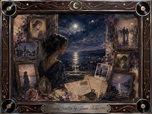 A solitary woman gazes across a moonlit coastal city beneath a star-filled sky and distant satellite. Vintage rosewood frames surround fading portraits, shoreline memories, letters, roses, and photographs. Deep indigo, bronze, and sepia tones create a wistful, dreamlike atmosphere, blending textured oil, acrylic, and watercolor with softly glowing celestial light.