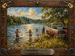 A lively summer river scene captures friends splashing beside a weathered pickup truck under warm golden sunlight. Rich blue water, lush green trees, and a distant bridge create an inviting rural setting. Painted in textured impressionistic oils, the artwork is framed with rustic wood, guitar strings, ornate metalwork, and an engraved title plate.