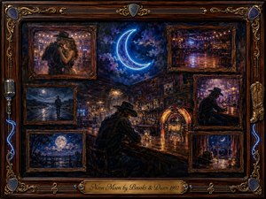 A lone cowboy sits beneath a glowing blue neon moon in a dim country bar, surrounded by framed memories of dancing, moonlit roads, and quiet nights. Rich rosewood, gold, amber, blue, and purple tones create a wistful mood, while painterly textures, jukebox light, and ornate musical details deepen the nostalgic atmosphere.