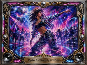 A dynamic dancer commands a neon-lit nightclub, surrounded by silhouetted crowds, glowing equalizer bars, swirling sound waves, and mirrored disco balls. Electric blues, magentas, violets, and silver highlights create an energetic, euphoric mood. The acrylic-and-gouache style blends expressive motion with polished detail, framed by ornate chrome and gold music motifs.
