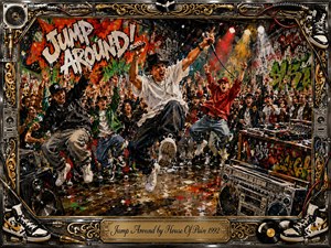 An explosive hip-hop crowd leaps beneath graffiti-covered walls as a central performer raises a microphone amid cheering hands, speakers, turntables, and confetti. Bold reds, greens, blacks, and metallic tones glow under dramatic stage lights. Thick acrylic textures, energetic brushwork, and a chrome-and-gold music-themed frame create a rebellious 1990s concert atmosphere.
