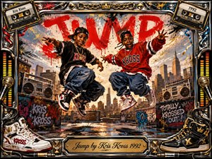 Two young performers leap exuberantly above a graffiti-covered city rooftop, radiating playful 1990s hip-hop energy. Bold reds, golds, blacks, and metallic highlights glow beneath warm urban light. A detailed mixed-media style combines boomboxes, cassettes, sneakers, microphones, and graffiti within an ornate chrome-and-gold frame, finished with an engraved title plate.