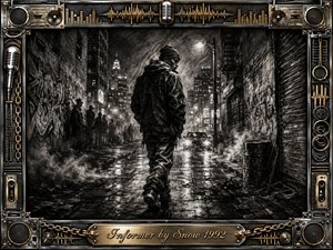 A solitary figure walks through a rain-slicked urban alley, glancing back beneath dim streetlights as shadowy silhouettes, graffiti, mist, and distant headlights create tension and mystery. Deep feathered charcoal textures dominate the monochrome scene, while an ornate chrome-and-gold music-themed frame with microphones, speakers, chains, and engraved title plate adds dramatic rhythm.