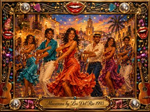 A jubilant group performs the Macarena in a glowing Spanish plaza at sunset, surrounded by cheering dancers, balconies, palms, and festive lights. Rich acrylic textures blend fiery oranges, turquoise, magenta, and gold. An ornate musical frame of guitars, disco balls, red lips, neon notes, and filigree completes the playful nostalgic celebration.