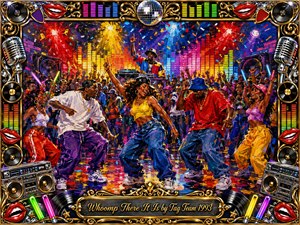 A jubilant 1990s dance-floor celebration bursts with energetic dancers, cheering crowds, confetti, speakers, and glowing equalizer bars beneath vivid red, yellow, blue, and purple stage lights. Thick acrylic-style brushwork adds rhythmic movement, while an ornate chrome-and-gold music-themed frame, disco ball, microphones, vinyl records, and engraved title plate complete the festive composition.