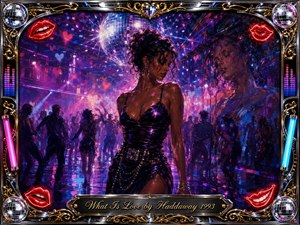 A glamorous woman stands contemplatively on a crowded neon nightclub dance floor beneath a sparkling disco ball, surrounded by violet, magenta, blue, and silver light. Painterly acrylic and oil textures create a dreamy, bittersweet atmosphere, while silhouettes, reflections, glowing hearts, and a lavish chrome-and-gold musical frame evoke romantic 1990s dance-floor nostalgia.