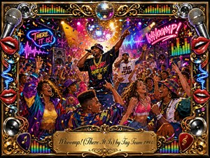 A vibrant 1990s dance party erupts beneath a glittering disco ball as energetic performers lead a cheering crowd through confetti and neon light. Saturated pinks, blues, golds, and purples amplify the festive mood. Detailed digital painting, booming speakers, microphones, equalizer graphics, and an ornate gold-and-chrome frame complete the exuberant scene.