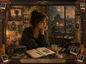 A pensive woman with round glasses sits beside a rain-streaked city window, surrounded by handwritten notes, faded photographs, roses, a cassette player, telephone, and open journal. Warm amber and sepia tones contrast with cool night lights outside. Painterly textures, nostalgic clutter, guitar-string framing, and soft reflections evoke longing, intimacy, and memory.