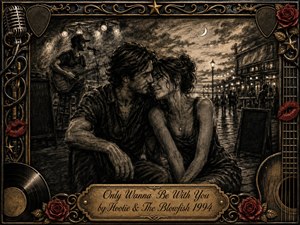 A tender couple leans together on a rain-darkened city street while a guitarist performs beneath glowing lights in the background. Deep charcoal textures dominate, warmed by sepia gold, red roses, and crimson lips. An ornate musical frame of guitars, records, microphones, and metalwork surrounds the intimate, nostalgic scene.