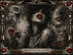 A mysterious woman emerges from smoky charcoal shadows, her vivid red lips forming the dramatic focal point amid ghostly mouths and flowing sound-wave lines. Deep blacks, soft grays, and muted whites create a sensual, surreal mood. An ornate chrome-and-gold musical frame, microphones, strings, speakers, and sculpted lips completes the theatrical composition.