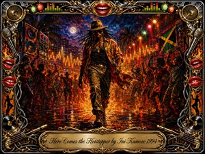 A confident hotstepper strides through a vibrant Caribbean street party, surrounded by dancers, towering speakers, glowing sound waves, and tropical night scenery. Fiery reds, oranges, golds, and deep blues create dramatic energy beneath moonlight and stage lights. An ornate chrome-and-gold musical frame, red lips, records, microphones, and engraved title plate complete the vivid digital painting.