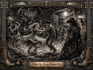 A lively moonlit barn dance erupts in sweeping charcoal motion as couples spin across a dusty floor beneath rustic beams and lanterns. Deep blacks, smoky grays, and warm metallic accents create dramatic contrast. An ornate western frame of guitars, harmonicas, boots, records, and gold filigree surrounds the energetic, vintage-inspired scene.