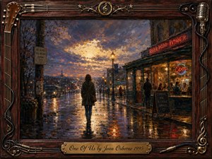 A lone figure walks a rain-soaked city street toward a warmly glowing diner beneath a dramatic twilight sky. Rich blues, amber reflections, and muted reds create a contemplative, searching mood. Painterly oil textures soften the scene, while an ornate rosewood-and-brass musical frame and engraved title plate add nostalgic detail.