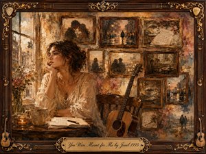 A wistful woman sits beside a rain-streaked window, surrounded by faded rosewood-framed memories of love, lonely streets, handwritten notes, and quiet companionship. Warm amber, sepia, cream, and muted rose tones glow softly across textured oil-and-watercolor surfaces. An acoustic guitar, candlelight, and ornate musical frame deepen the tender, nostalgic mood.