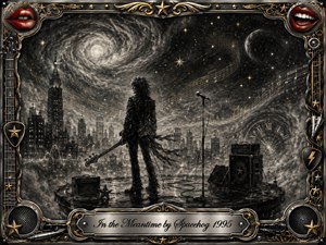 A solitary glam-rock musician stands on a rooftop stage beneath a swirling cosmic sky, surrounded by city lights, stars, musical notes, amplifiers, and a ghostly clock. Deep charcoal textures create a moody, dreamlike atmosphere, accented with gold, chrome, and vivid red lips. An ornate rock-themed frame completes the surreal composition.