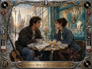 A wistful young couple shares breakfast at a sidewalk cafe, framed by a glowing city street and elegant turquoise storefront. Warm morning gold contrasts with cool blue tones, creating a nostalgic, romantic mood. Painterly textures, coffee, pastries, flowers, a guitar, musical notes, and an ornate chrome-and-gold music-themed border enrich the scene.