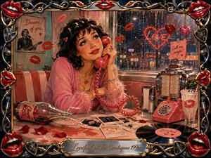 A dreamy woman in pink lounges in a retro diner, clutching a red telephone amid scattered Polaroids, spilled soda, roses, and a spinning record. Warm amber lighting and neon reflections create romantic longing. Rich painterly textures, glossy reds, chrome details, and playful lip motifs frame the nostalgic, bittersweet scene.