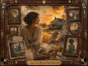 A contemplative woman sits amid weathered photographs, letters, and rosewood frames beside a lonely farmhouse at sunset. Warm amber, sepia, rust, and smoky gray tones create a bittersweet, mysterious mood. Painterly textures blend oil, acrylic, and watercolor effects, while roses, records, microphones, guitar strings, and ornate gold details frame the fading memories.