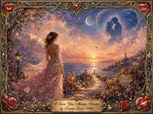 A romantic woman in a flowing rose-colored gown stands beside a flower-lined seaside path at sunset, gazing toward a luminous horizon. Soft pink, gold, lavender, and deep blue tones create a dreamy, timeless mood. Painterly textures, moonlit clouds, distant lovers, roses, ornate gold filigree, and red lips frame the glowing scene.