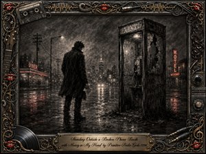 A solitary figure stands beside a shattered phone booth on a rain-slicked city street, money hanging from one hand. Deep charcoal textures, smoky shadows, and muted red neon create a lonely nocturnal mood. Wet pavement reflects diner and motel lights, while an ornate music-themed metallic frame surrounds the cinematic, melancholic composition.
