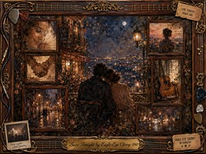 A warmly nostalgic mixed-media collage shows a couple embracing on a moonlit cafe terrace above a glowing city. Rosewood frames hold faded scenes of hands, rainy streets, an acoustic guitar, and distant lights. Deep blues, amber golds, and sepia tones create tenderness, while ornate musical details and soft lamplight evoke fleeting romance.