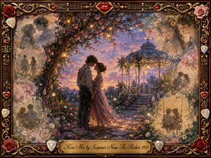 A tender couple stands beneath a flowering tree at twilight, surrounded by softly fading romantic memories and a glowing garden gazebo. Warm gold, rose, lavender, and dusky blue tones create a dreamy nostalgic mood. Painterly textures blend oil, acrylic, and watercolor effects, framed by ornate gold filigree, roses, lips, and guitar-inspired details.