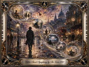 A solitary figure walks through a rain-slicked London street beneath a glowing twilight sky, surrounded by swirling glasslike memory bubbles filled with musicians and fleeting scenes. Warm gold, smoky blue, and muted violet tones create a bittersweet mood. Ornate musical framing, piano keys, records, and elegant metalwork complete the painterly composition.