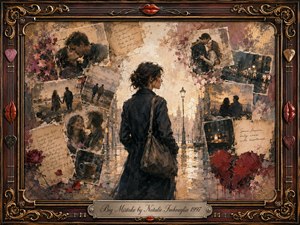 A solitary woman stands on a rain-glossed city street, surrounded by fragmented romantic memories arranged like faded photographs. Warm amber light contrasts with muted browns, reds, and charcoal shadows, creating a reflective, regretful mood. Painterly oil and watercolor textures blend with distressed paper, roses, handwritten notes, and an ornate musical rosewood frame.