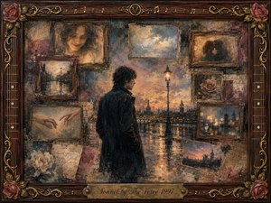 A solitary figure stands beside a rain-slicked London river at dusk, surrounded by faded framed memories of faces, hands, roses, and city scenes. Warm amber lamps contrast with muted blues, browns, and rose tones. Layered oil-paint textures create a wistful, romantic atmosphere, enclosed by ornate rosewood and gold musical detailing.