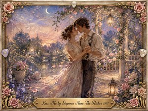 A romantic couple dances beneath a flower-covered garden pavilion at twilight, leaning close beneath a crescent moon. Soft lavender, blush pink, gold, and warm amber light create a dreamy, nostalgic mood. Painterly textures, glowing lanterns, roses, musical notes, and an ornate gold-trimmed floral frame complete the tender scene.