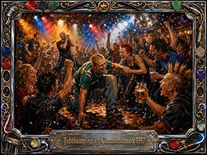 A jubilant pub concert erupts with dancers, raised glasses, confetti, and a central reveler rising amid cheering friends. Warm amber, crimson, blue, and white stage lights cut through smoky air beneath a glittering disco ball. Bold, textured oil-and-acrylic brushwork fills an ornate chrome-and-gold musical frame with engraved title plate.