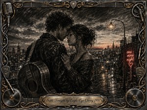 A tender couple leans close on a rain-slicked city street beneath glowing lamps and a fading night sky. Deep feathered charcoal textures create a romantic, bittersweet mood, accented by warm amber lights and muted red. An ornate music-themed frame surrounds the scene, with guitars, cables, records, gold detailing, and an engraved title plate.