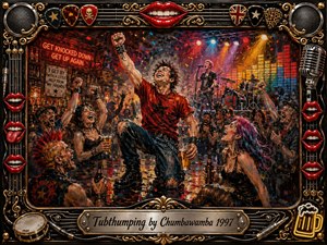 A jubilant punk-rock crowd erupts inside a neon-lit pub as a central figure rises triumphantly with fist raised and drink in hand. Vivid reds, golds, blues, confetti, and stage lights energize the textured acrylic style. An ornate music-themed frame of chrome, lips, strings, speakers, and microphones completes the rebellious celebration.