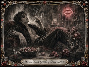 A languid young figure reclines in a smoky, dimly lit room, surrounded by scattered candy, wilted roses, and a glowing neon lips sign. Deep feathered charcoal textures create a sultry, dreamlike mood, accented with muted reds and metallic highlights. An ornate chrome-and-gold music-themed frame completes the intimate 1990s alternative-rock atmosphere.