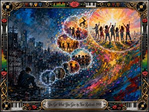 A vibrant acrylic cityscape transforms from dark urban doubt into radiant celebration through glowing feathered bubbles forming an S-curve. Deep blues and grays burst into gold, orange, pink, and green as friends, dancers, and musicians gather beneath brilliant light. An ornate chrome-and-gold musical frame surrounds the hopeful, energetic scene.
