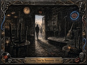 A nearly empty bar settles into silence as the last patrons leave through an open doorway glowing with pale dawn light. Deep charcoal textures, warm amber lamps, red and blue neon accents, overturned chairs, scattered picks, and a quiet stage create a bittersweet mood, framed by ornate music-inspired metalwork.